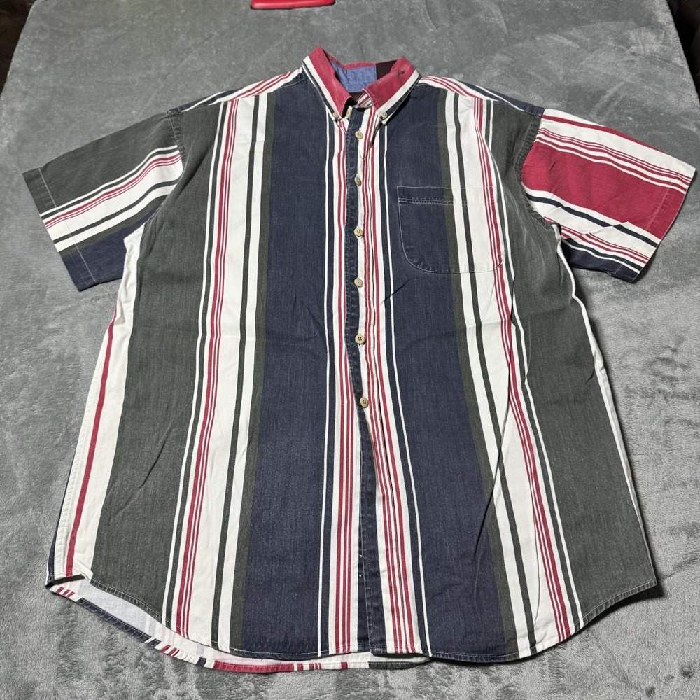 VTG 90s Haggar Casuals Mens L Multicolor Striped‎ Colorblock Short Sleeve Shirt
